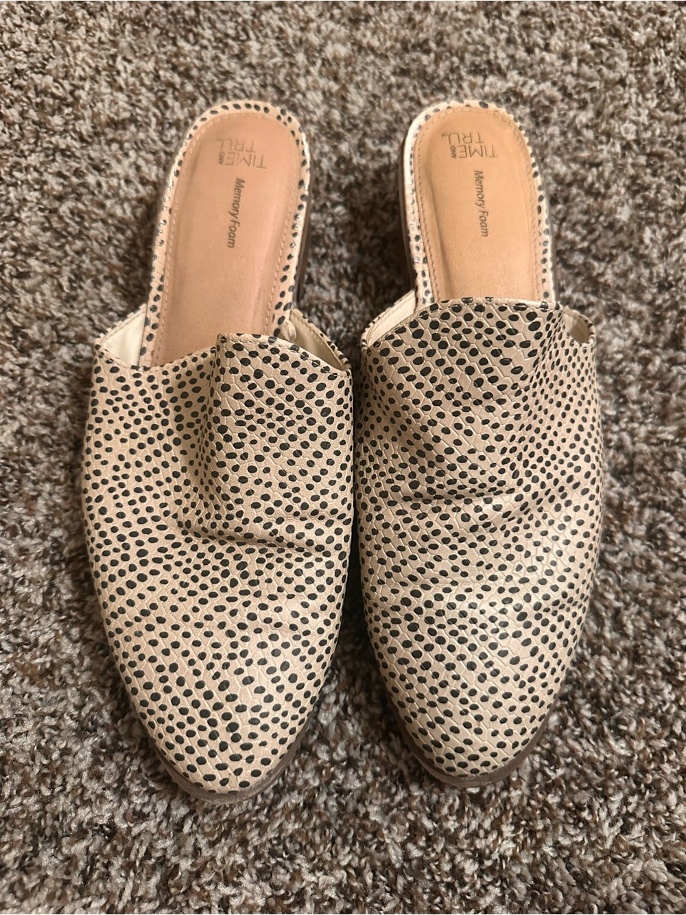Time and Tru Tan Slip-On Mules with Black Dot Print